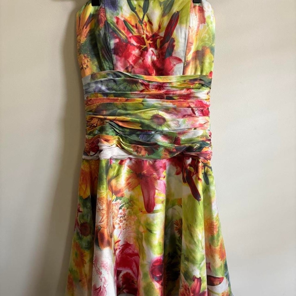 Strapless Floral Ruched Waist Cocktail Dress Multi Color Botanical Print
